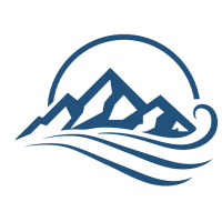 Mountain and wave logo enclosed in a circle, representing adventure and natural landscapes.