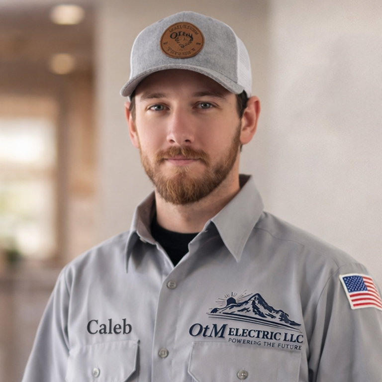 Caleb from OtM Electric LLC in uniform, wearing a cap with an American flag patch on sleeve.