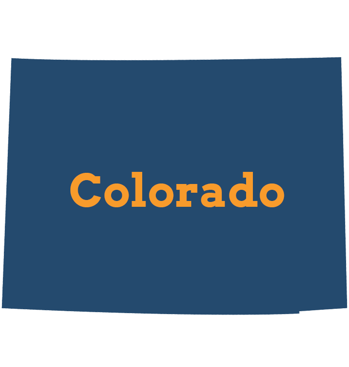 Map outline of Colorado with Colorado written in orange letters.